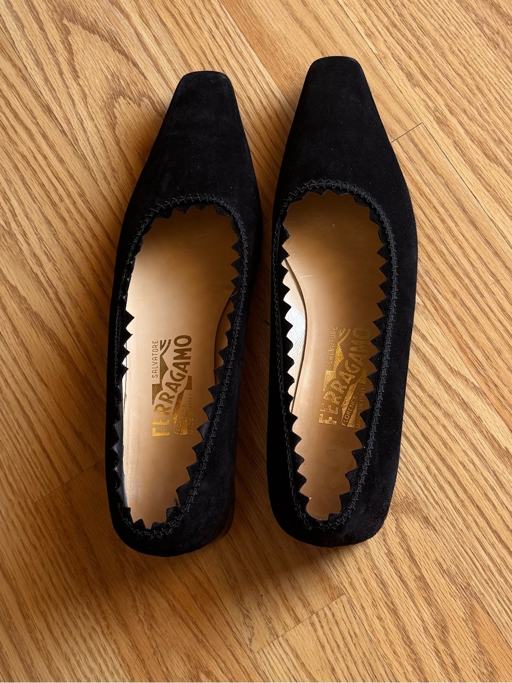Salvatore Ferragamo Black Suede Square-Toe Flats